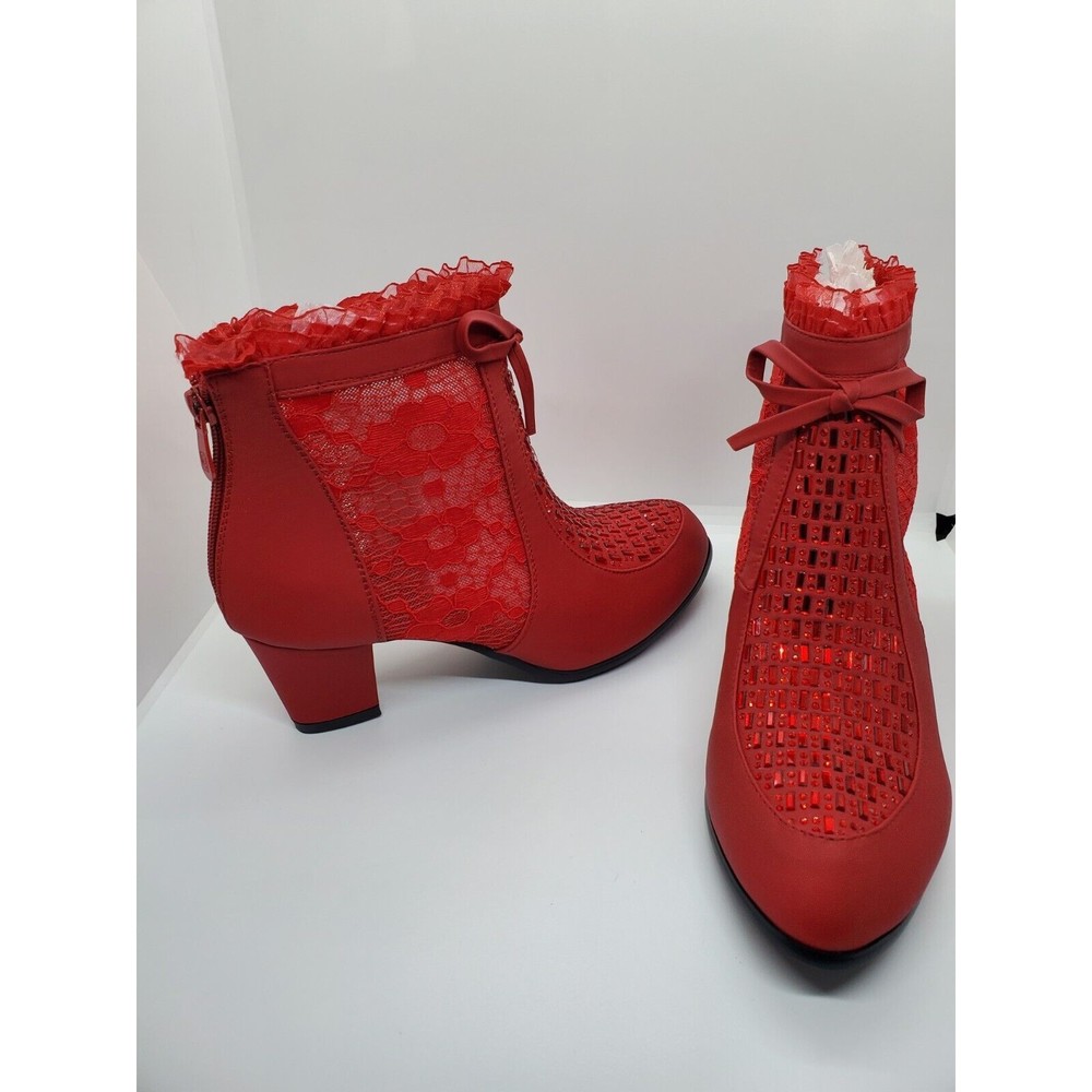 Ashro Womens 2.5 inch Heel Bootie Size 8M Red Lace Inset  Zipper
